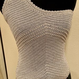 Sequined silver/gray knitted one shoulder top, small, 100% Rayon, hand wash